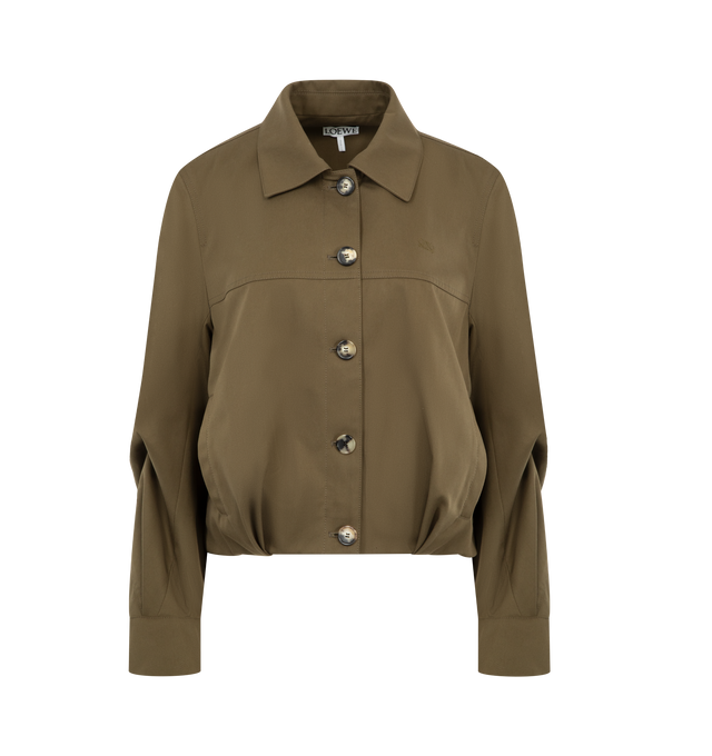 Image 1 of 3 - GREEN - LOEWE Jacket in medium-weight cotton and silk gabardine featuring a balloon silhouette, curved sleeves, regular fit, short length, classic collar, button front fastening, vertical welt pockets, fully lined and double L embroidery placed on the chest. Cotton/silk. Made in Italy.
