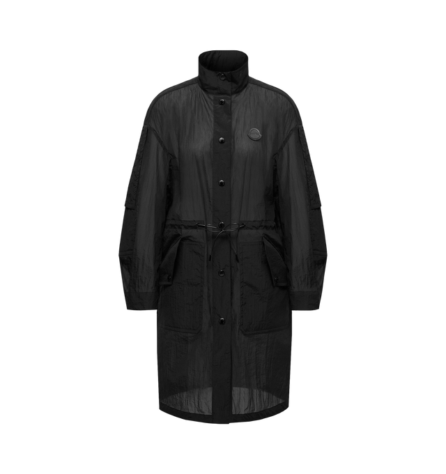Image 1 of 2 - BLACK - Moncler x EE72 by Edward Enninful Prapiroon Parka featuring technical nylon organza, snap button closure, pockets with snap button closure, waistband with drawstring fastening, adjustable cuffs, hem with drawstring fastening and logo patch. Made in Hungary.