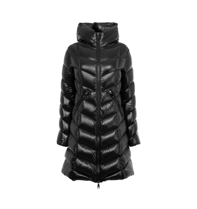 Image 1 of 2 - BLACK - MONCLER Fulmarus Long Down Jacket featuring nylon laqu lining, down-filled, hood, zipper closure, zipped pockets and felt logo. 100% polyamide/nylon. Padding: 90% down, 10% feather.