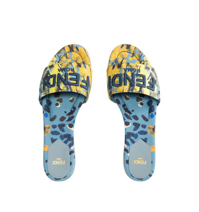 Image 4 of 4 - BLUE - FENDI Sunshine Slides featuring wide-band, silk printed with the multicolored Dew Drops pattern, tone-on-tone silk insole and blue yarn Fendi Roma embossed embroidery. 100% silk. Inside: 100% calfskin. Made in Italy.