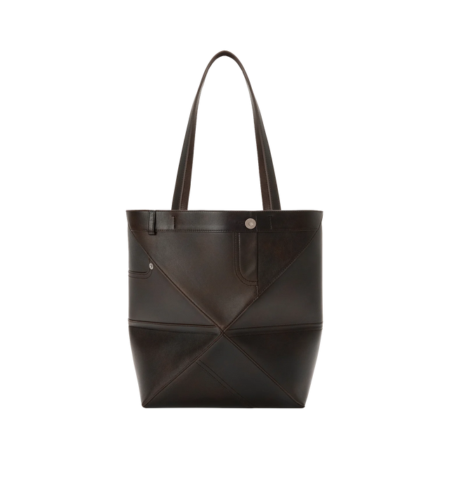 Image 1 of 4 - BROWN - LOEWE Panta Medium Puzzle Fold Tote featuring lightweight geometric structure designed to fold completely flat. This medium version is crafted in vintage-finish shiny calfskin with denim trousers-inspired details, shoulder or hand carry, suede lining and silver embossed LOEWE. Shiny calf. 31.5 cm x 25.5 cm x 14.5 cm. Made in Spain.