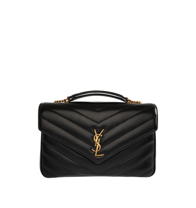 Image 1 of 4 - BLACK - SAINT LAURENT Loulou Large Bag featuring chain bag in soft lambskin with chevron-quilted topstitching, a removable leather pouch and pocket mirror, a sliding chain strap, grosgrain lining, bronze-toned hardware, magnetic snap closure and one flat pocket. 12.6" x 8.7" x 3.9". 90% lambskin, 10% brass. Made in Italy.
