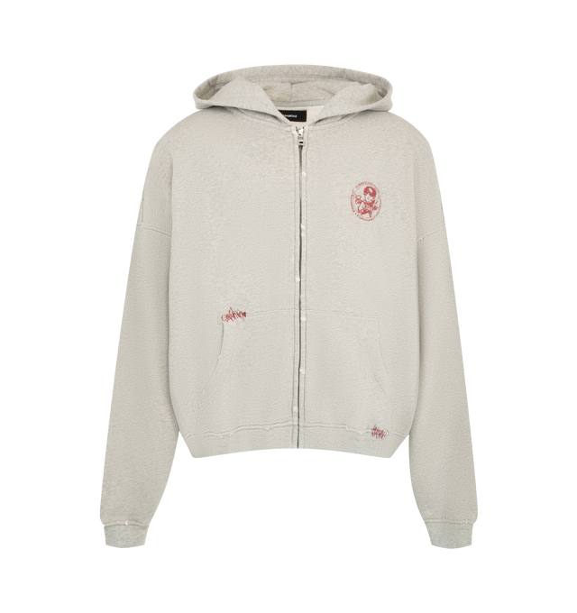 Image 1 of 2 - GREY - Nahmias Mens Youth Enrichment Zip Hoodie is crafted from cotton. Features a full front zip closure, hood, Youth Enrichment Program graphic, red stitch repair detailing, and ribbed cuffs and hem. Main Material: 100% Cotton. Designed in Los Angeles. Imported