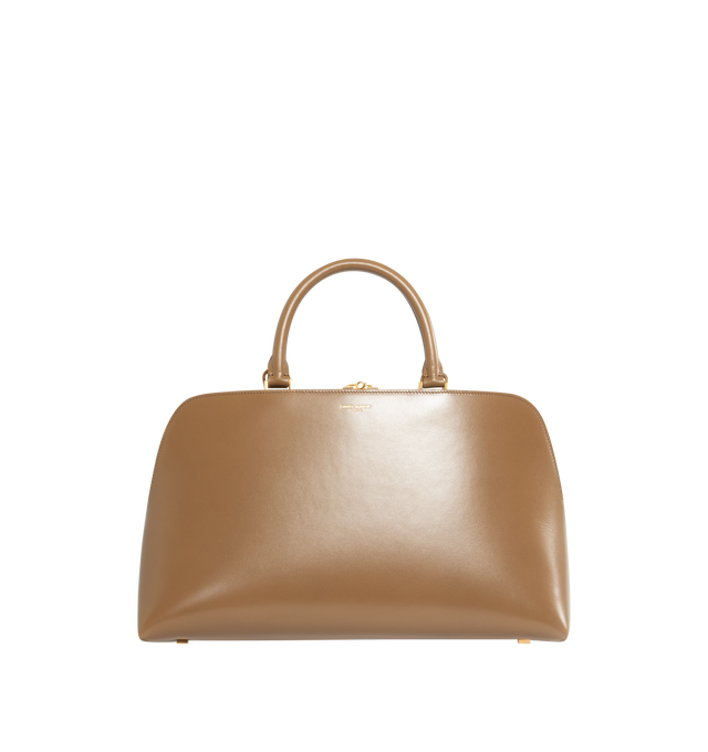 Image 1 of 4 - BROWN - SAINT LAURENT Sac De Jour Duffle featuring brass padlock, embossed logo, leather lining, two compartments separated by a zip pouch, top handle, adjustable shoulder strap and four metal feet. 14.4 X 8.7 X 0.4 inches. Calfskin leather. Made in Italy.  