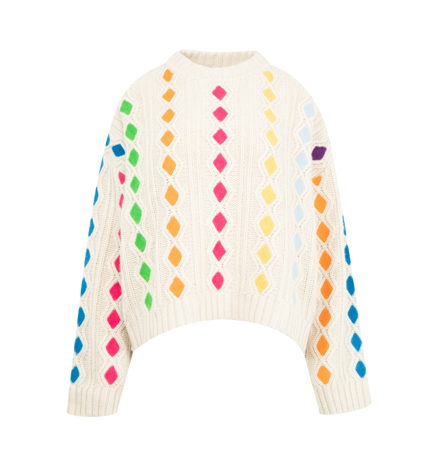 Image 1 of 2 - WHITE - MIRA MIKATI Harlequin Jumper featuring a bold, chunky jumper with hand-felted accents, crew neck and long sleeves. 33% viscose, 23% polyamide, 20% wool, 4% cotton.
