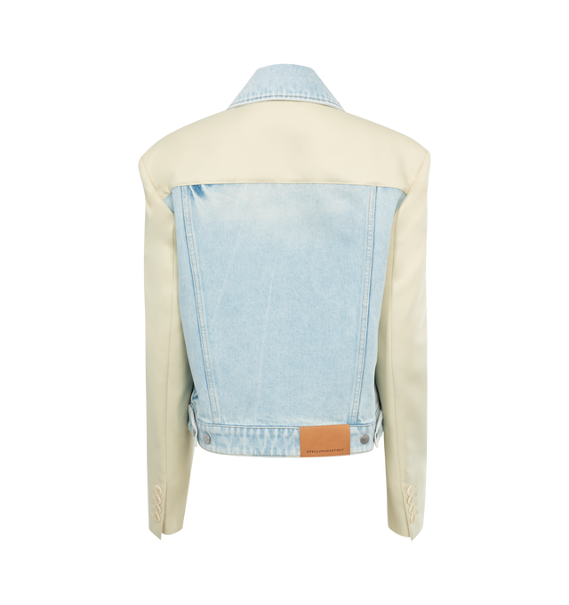 Image 2 of 2 - BLUE - STELLA MCCARTNEY Two-Tone Panelled Denim Jacket featuring logo patch to the rear, pointed flat collar, front button fastening, long sleeves, two chest patch pockets, two side welt pockets and straight hem. 100% cotton. 100% polyester. 