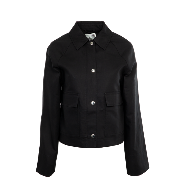 Image 1 of 3 - BLACK - TOTEME Cropped Cotton Jacket featuring wide and boxy silhouette, ample raglan sleeves, silver-tone zipper and snap buttons, utilitarian flap pockets and tonal lining. 100% organic cotton. 