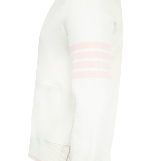 Image 3 of 3 - WHITE - THOM BROWNE Milano Stitch 4 Bar Cardigan featuring signature 4-bar detailing on the left sleeve, striped grosgrain trim at the front, cuffs, and side vents, front button closure, 2 front slip pockets, 4-bar detailing, buttoned cuffs with signature striped grosgrain trim, buttoned side vents with signature striped grosgrain trim and signature striped grosgrain loop tab. 100% cotton. Made in Italy.
