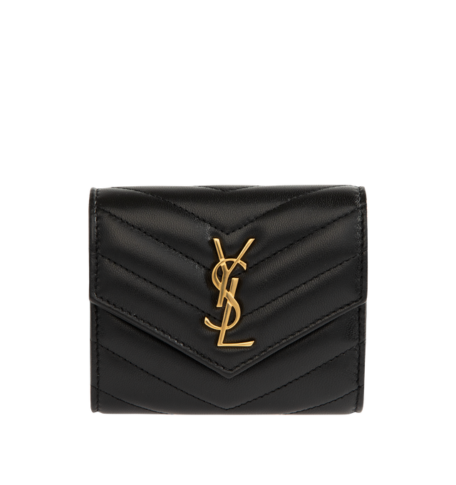 Image 1 of 3 - BLACK - SAINT LAURENT Multi Fold Wallet featuring chevron quilted overstitching, cassandre logo, leather lining, gold-toned hardware, snap-button closure, five card slots, one coin pocket, one bill compartment and one receipt compartment. 4.1 x 3.5 x 1.2 inches. Lambskin. Made in Italy.