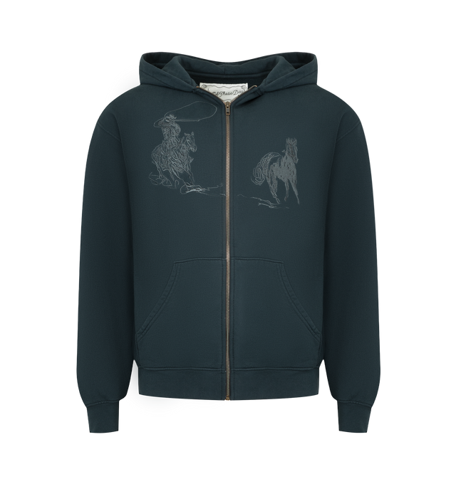 Image 1 of 2 - BLACK - ONE OF THESE DAYS Into The Distance Zip Up Hoodie featuring an embroidered graphic on front, front zip closure, fixed hood, split kangaroo pocket and ribbed cuffs and hem. 100% cotton.