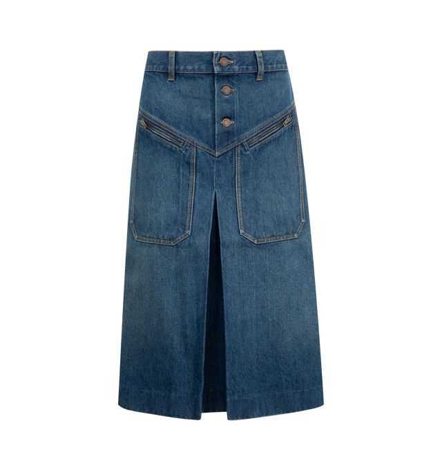 Image 1 of 2 - BLUE - CHLOE Denim Skirt featuring knee length, Chlo-engraved button fastenings at front, oversized front patch pockets with zippers, belt loops and front box pleat. 100% cotton.