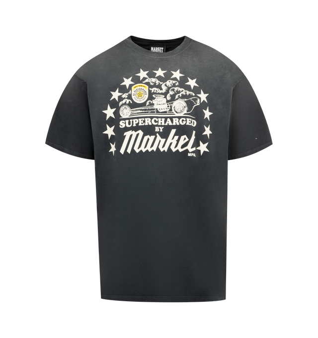 Image 1 of 2 - BLACK - MARKET Supercharged T-Shirt featuring crewneck, short sleeves, straight hem and graphic on front and back. 100% cotton.