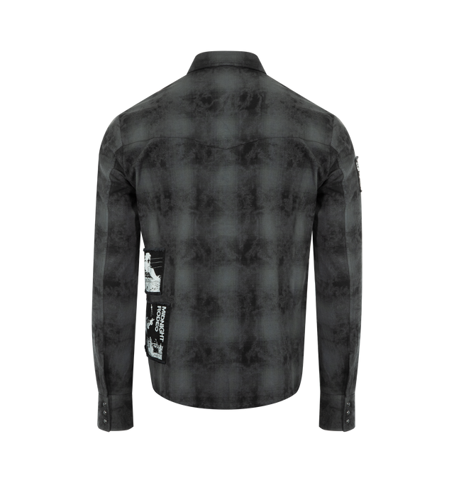 Image 2 of 2 - BLACK - MIDNIGHT RODEO Distressed Flannel Shirt featuring over dyed flannel, soft cotton with an all-over acid wash, onyx snap-front closures, slight distressing throughout, dual chest pockets and custom Midnight Rodeo patchwork art. 100% cotton.