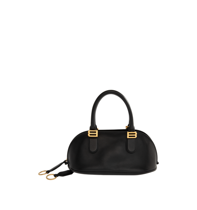Image 1 of 4 - BLACK - BALENCIAGA Bolero Bowling Bag Mini featuring smooth calfskin, two handles with Bolero B logo, adjustable and removable strap, shoulder, crossbody and hand carry, aged-gold hardware, zipped closure with leather pull tab and ring, zipped pocket on the bottom with leather pull tab and ring, 1 main compartment and contrasting nappa lambskin lining. 11.8" x 5.1" x 6.3". Calfskin. Made in Italy.