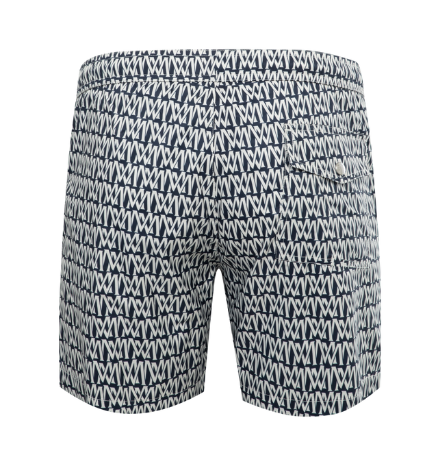 Image 2 of 3 - BLACK - MONCLER Monogram Print Swim Trunks featuring waistband with drawstring fastening, side slant pockets, back patch pocket and logo patch. 