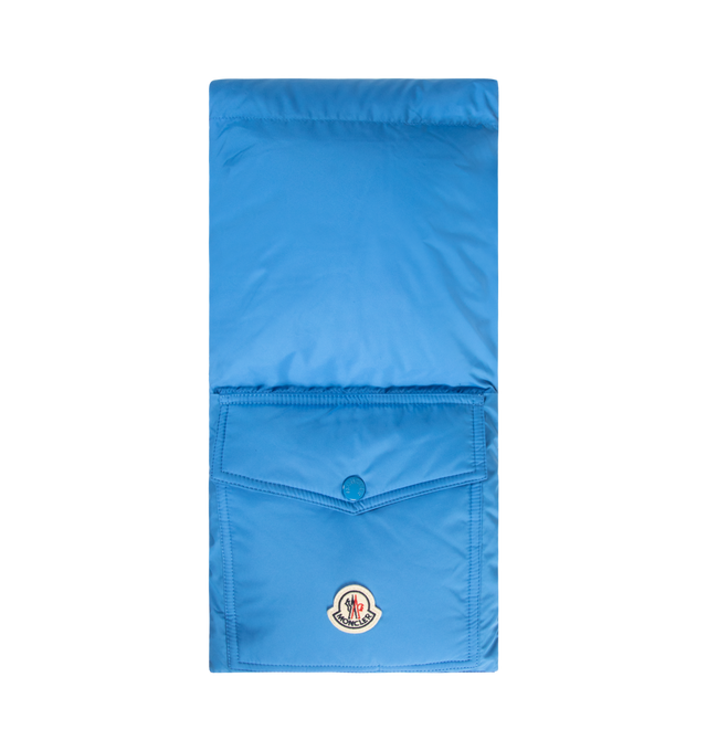 Image 1 of 2 - BLUE - MONCLER Down Packable Scarf featuring polyester, packable, down-filled, patch pocket with snap button closure and logo patch. 100% polyester. Padding: 90% down, 10% feather. Made in Moldova.