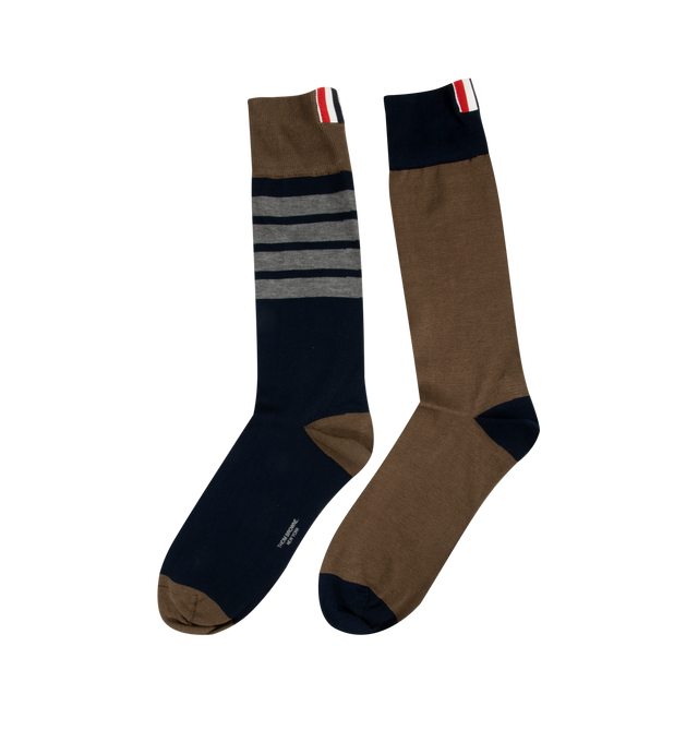 Image 2 of 2 - MULTI - THOM BROWNE Funmix 4 Bar Mid Calf Socks featuring 4-bar detailing, signature striped grosgrain loop tabs and logo stamps on bottom. 75% cotton, 25% polyamide. Made in Italy.