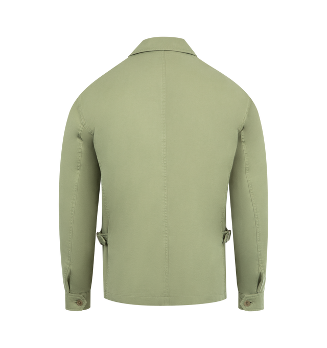 Image 2 of 3 - GREEN - THE ROW Justo Jacket featuring collared jacket in cotton and cashmere gabardine with buckled straps at side waist, front patch pockets and two-way front zip closure. 95% cotton, 5% cashmere. Lined in 100% cotton. Made in Italy.