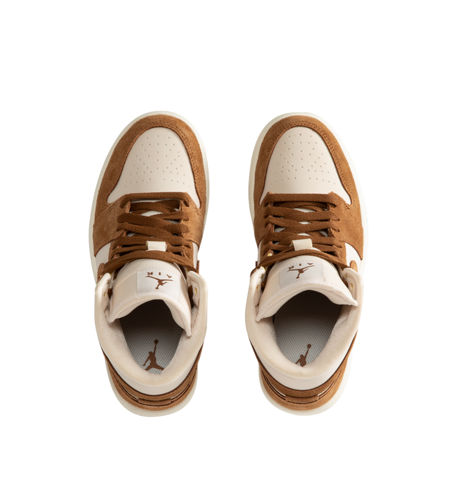 Image 5 of 5 - BROWN - Women's Air Jordan 1 Mid Sneakers feature a genuine and synthetic leather upper with a classic mid-top silhouette for durable comfort and timeless style. Inspired by the iconic original, these lifestyle sneakers combine lightweight Air-Sole cushioning, a padded collar, and a durable rubber outsole for everyday support and reliable traction. Main Material: Genuine Leather and Synthetic Leather. Midsole: Foam with Air-Sole Unit. Sole: Rubber.