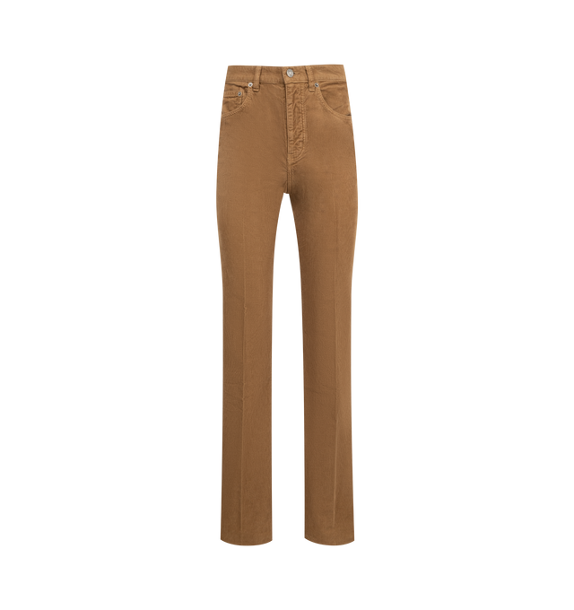 Image 1 of 3 - BROWN - SAINT LAURENT Clyde pants in corduroy featuring front button and zip closure, five-pocket jeans, wide leg, center crease, waistband with belt loops and saint laurent paris embossed leather jacron. 100% cotton. Made in Italy.