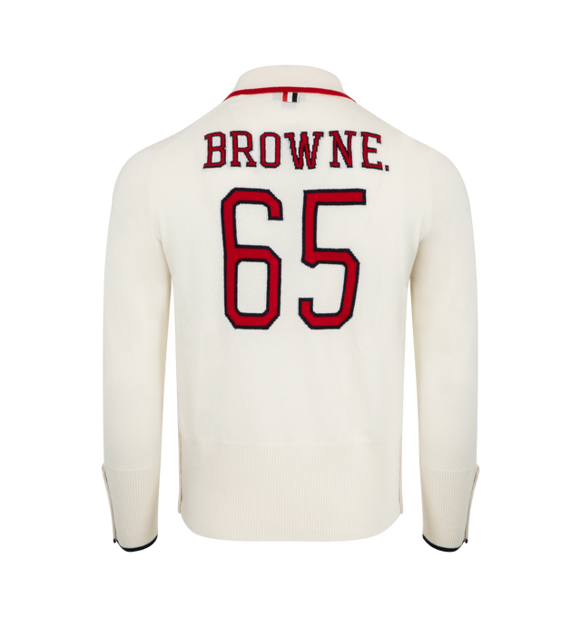 Image 2 of 2 - WHITE - THOM BROWNE Browne. 65 Jersey Polo featuring a sporty polo collar, Browne lettering and the number 65 on back, partial front button closure, buttoned side vents with signature striped grosgrain trim, buttoned cuffs with signature striped grosgrain trim and signature striped grosgrain loop tab. 100% cashmere. Made in Italy.