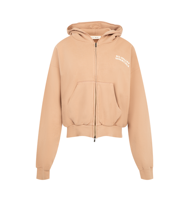 Image 1 of 2 - ORANGE - Fear of God Essentials Womens 90s Full Zip Hoodie is crafted from heavyweight 390 GSM cotton fleece with a pigment-dyed finish. Features a relaxed cropped fit, full-zip closure, dropped shoulders, rib-knit cuffs and hem, kangaroo pocket, contrasting stitching, puff-printed front graphic, back graphic, and Essentials label at the hood. Main Material: 100% Cotton.