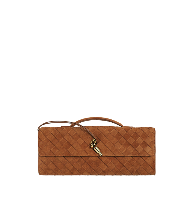 Image 1 of 4 - BROWN - BOTTEGA VENETA Andiamo Clutch featuring top handle clutch in intrecciato suede with metal knot closure, six card slots and one additional pocket. Calfskin. Made in Italy.