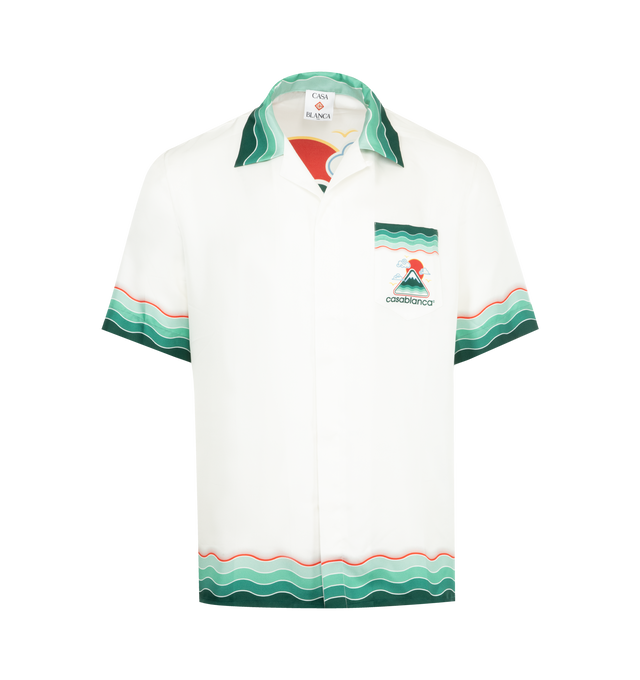 Image 1 of 2 - WHITE - CASABLANCA Montagne Ondulee Silk Short-Sleeve Shirt featuring an all-over printed design, silk twill fabric, a Cuban collar, hidden button closure, interlocking CC logo corozo buttons, and Memphis wave-inspired stripe edge detail on the collar, cuffs, and hem. 100% silk. Made in Italy.