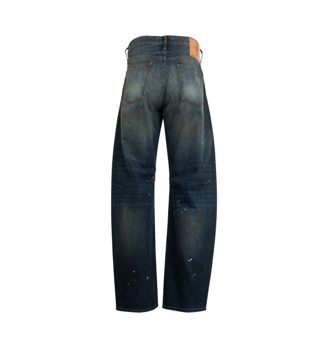 Image 2 of 3 - BLUE - COUT DE LA LIBERTE Magnolia Barrel Leg Jean featuring crispy denim, barrel leg, button zip front closure, 5 pocket style and distressed throughout. 100% cotton. Made In USA.