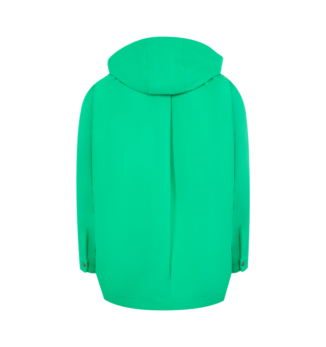 Image 2 of 2 - GREEN - ISSEY MIYAKE Padded RIm Shirt featuring cotton padding along the edges and detailed areas, hood that can be rolled up and stored in the collar area, draw cord at the hem, high neck, half button front opening and kangaroo pocket. 100% polyester. Made in Japan.