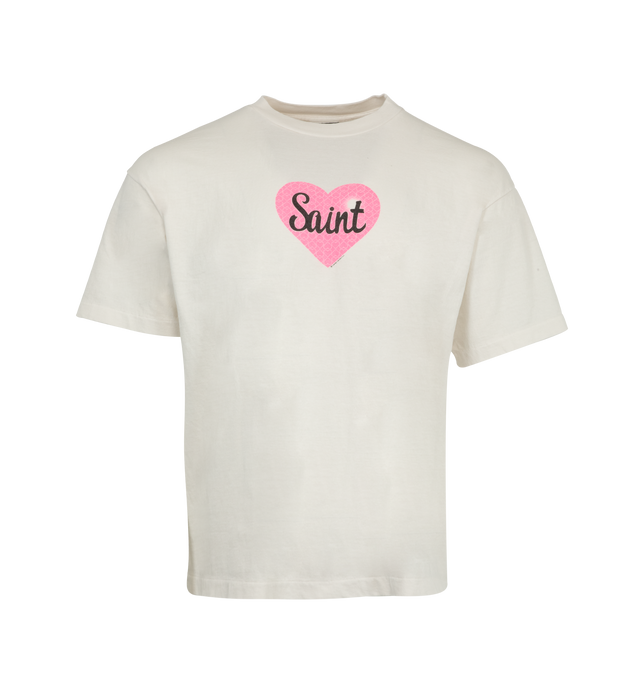 Image 1 of 2 - WHITE - SAINT MICHAEL Heart Saint T-shirt featuring a ribbed crewneck, short sleeves and front and back graphic print. 100% cotton. Made in Japan.