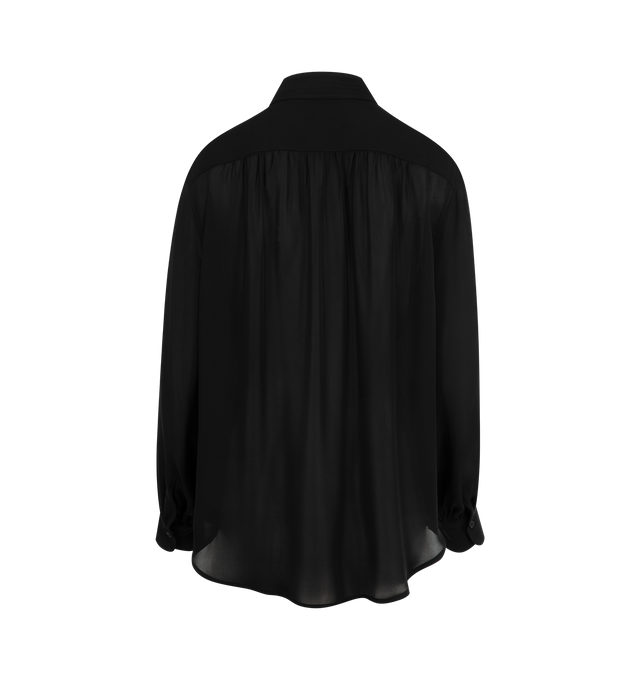 Image 2 of 2 - BLACK - Nili Lotan Relaxed fit blouse. Collar stand featuring tropunto topstitching. Hidden center front placket. Front yoke and sleeves with shirring. Billowy sleeves with buttoned cuffs and slits. Self-binding detail. Shirttail hem. Made in USA. 100% Silk.