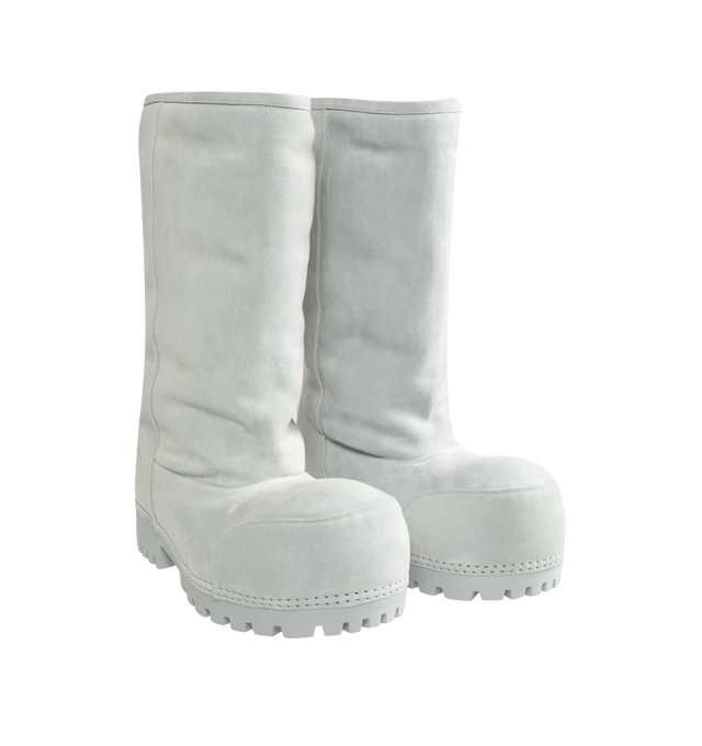 Image 2 of 4 - WHITE - Balenciaga Men's Alaska Fur High Boot is crafted from split calfskin and synthetic materials and features a high-boot silhouette with an extra-round toe and exaggerated proportions. Designed with a thick rubber sole, this statement style is finished with Balenciaga logo detailing stamped at the back. Upper: Calfskin. Insole: Wool, Polyester, Acrylic. Sole: Polyurethane, Rubber. Toe: Extra Round. Made in Italy.