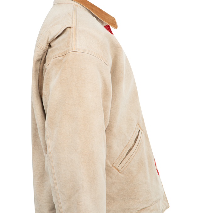 Image 3 of 3 - BROWN - RHUDE Logo Jacket featuring zip front closure, button cuffs, two front slit pockets, on chest pocket and logo on front.