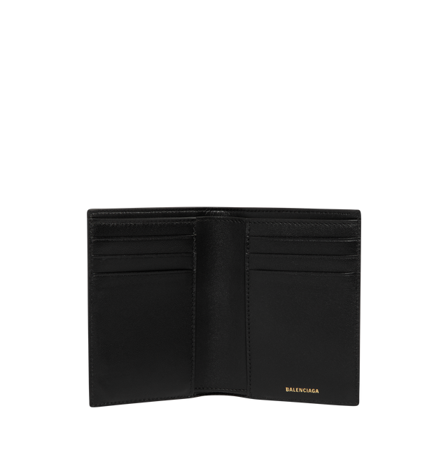 Image 3 of 3 - BLACK - BALENCIAGA Monaco Vertical Bifold Wallet featuring gold Monaco BB logo hardware, 1 bill pocket, 6 card slots and 2 receipt compartments. L4.5 x H3.3 x W0.4 inch. Leather. Made in Italy.