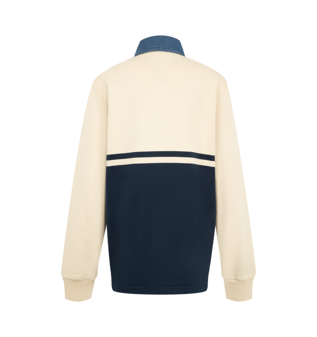 Image 2 of 2 - NAVY - JW Anderson Women's Long-Sleeved Contrast Collar Rugby Polo in off-white & navy cotton jersey. Features a contrast denim collar, knitted stripe and a ribbed cuff. Finished with logo embroidery at the chest and horn buttons. Composition 1:100% Cotton. Composition 2: 98% Cotton, 2% Elastane. Made in Portugal.