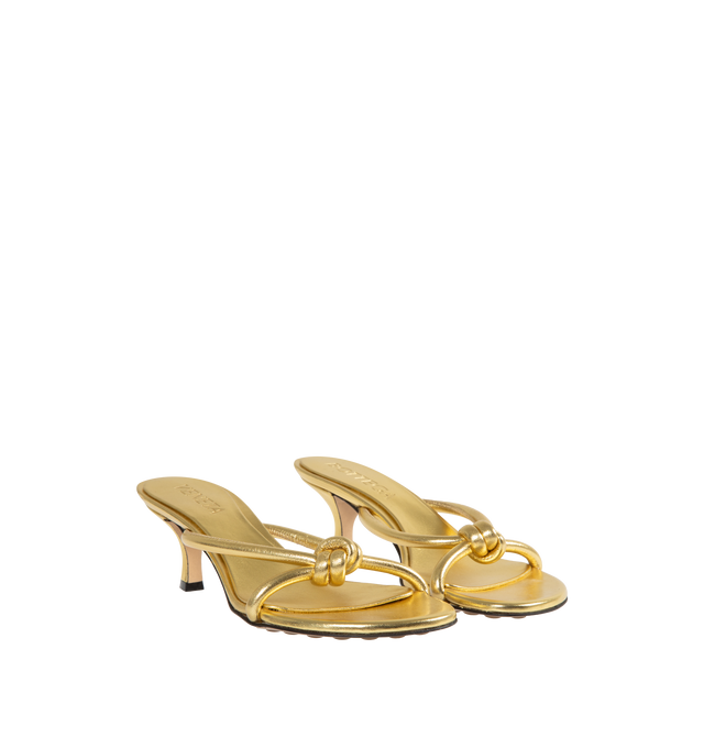 Image 2 of 4 - GOLD - BOTTEGA VENETA Atomic Sandals featuring slim straps that are intricately knotted at the toes, kitten heels, padded footbeds and pebbled soles. 50MM. Leather. 
