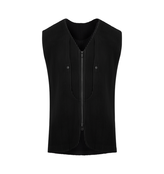 Image 1 of 3 - BLACK - ISSEY MIYAKE Quarry Vest featuring two-way zip pleated vest with a V-neckline and large front pockets with snap buttons. 100% polyester.