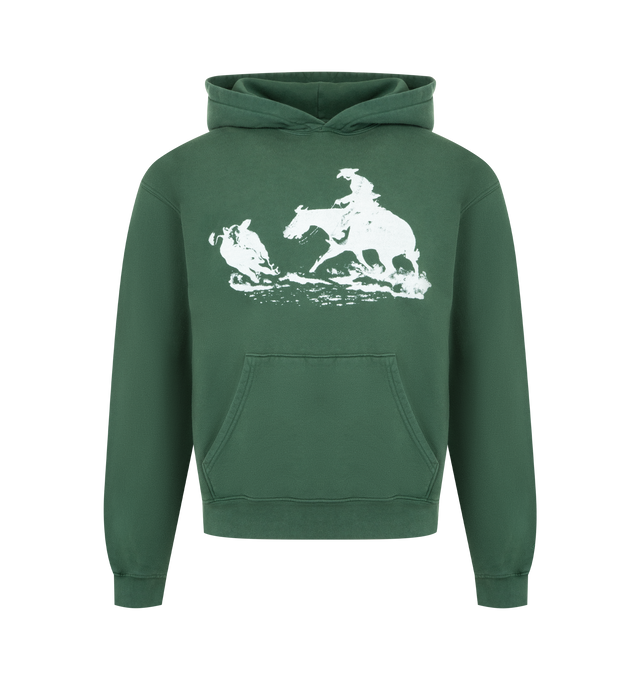 Image 1 of 2 - GREEN - ONE OF THESE DAYS Driftin' Back Graphic Hoodie featuring cowboy iconography, fixed hood, dropped shoulders and kangaroo pocket. 100% cotton.
