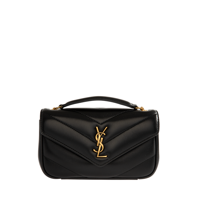 Image 1 of 3 - BLACK - SAINT LAURENT Mini Loulou Chain Bag in lambskin featuring iconic chevron-quilted topstitching, removable leather pouch, leather and chain strap for crossbody carry, leather lining, bronze-toned hardware, magnetic snap closure and one flap pocket. 7.9" x 4.7" x 2". Lambskin. Made in Italy.