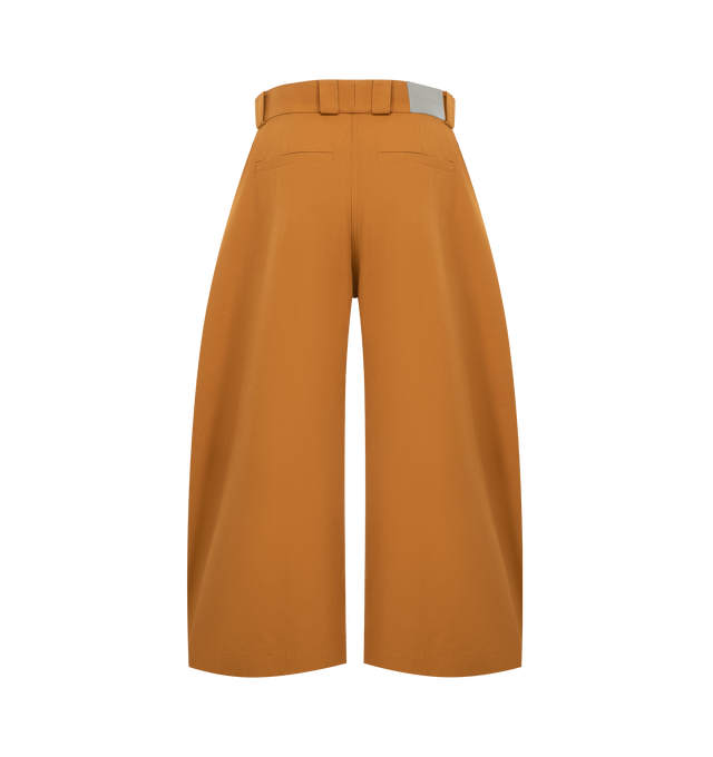 Image 2 of 3 - BROWN - BALENCIAGA Pleated Barrel-Leg Ankle Bermuda Pants featuring curved barrel silhouette with a single pleated front, mid rise sits high on hip, single pleated front, two front slash pockets, two back welt pockets, leather jacron with Balenciaga logo at the back, curved barrel legs, cropped at the ankle, covered snap button, zip fly and belt loops. Cotton/leather. Made in Italy.