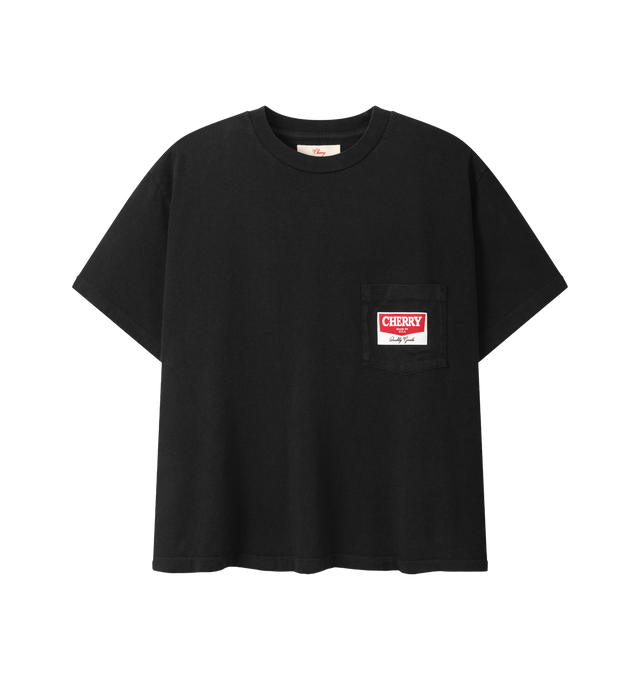 Image 1 of 7 - BLACK - Cherry LA Men's Railroad Boxy Pocket T-Shirt is crafted from cotton and features a boxy-fit silhouette with a classic crew neckline and chest pocket. Designed with screen-printed artwork at the chest pocket and back, this everyday essential combines relaxed proportions with vintage-inspired graphic styling. Main Material: Cotton. Made in Los Angeles, California.