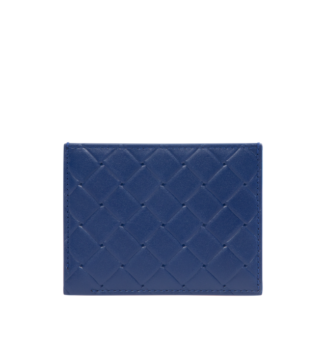 Image 1 of 3 - BLUE - BOTTEGA VENETA Intrecciato Stamp Credit Card Case featuring credit card case in calf leather with embossed Intrecciato pattern, three card slots and one central pocket. 3.1" x 4.1" x 0.2". Calfskin. Made in Italy.