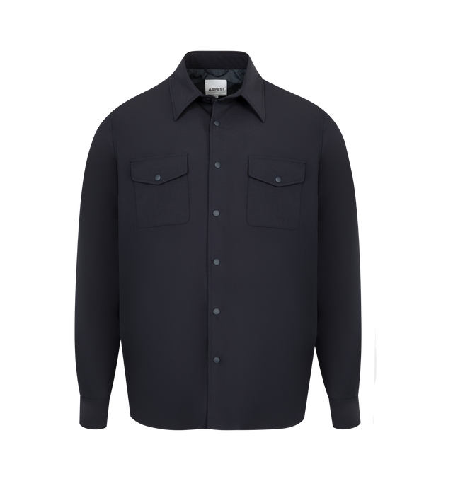 Image 1 of 3 - NAVY - ASPESI Camicia Doppia Shirt featuring collar, long sleeves, closure with pressure buttons, flap pockets and curved hem. 53% poliester, 43% virgin wool, 4% elastane. Made in Italy.