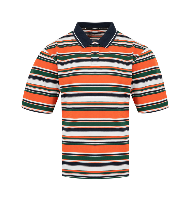 Image 1 of 2 - ORANGE - MARTINE ROSE Oversized Polo featuring cotton piqu, stripe pattern throughout, stripe at spread collar, logo patch at two-button placket, vented side seams, dropped shoulders and logo embroidered at back. 100% cotton. Made in Portugal.