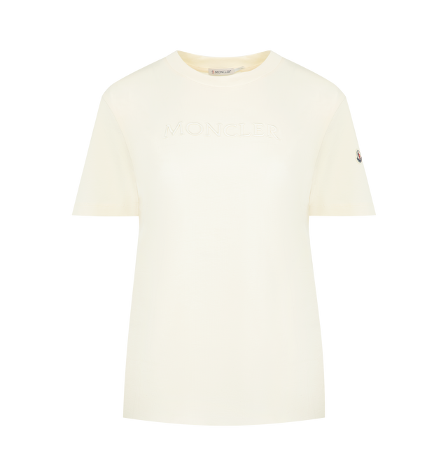 Image 1 of 3 - WHITE - MONCLER Cotton T-Shirt featuring cotton jersey, ribbed crew neck, short sleeves and embroidered logo. 100% cotton.