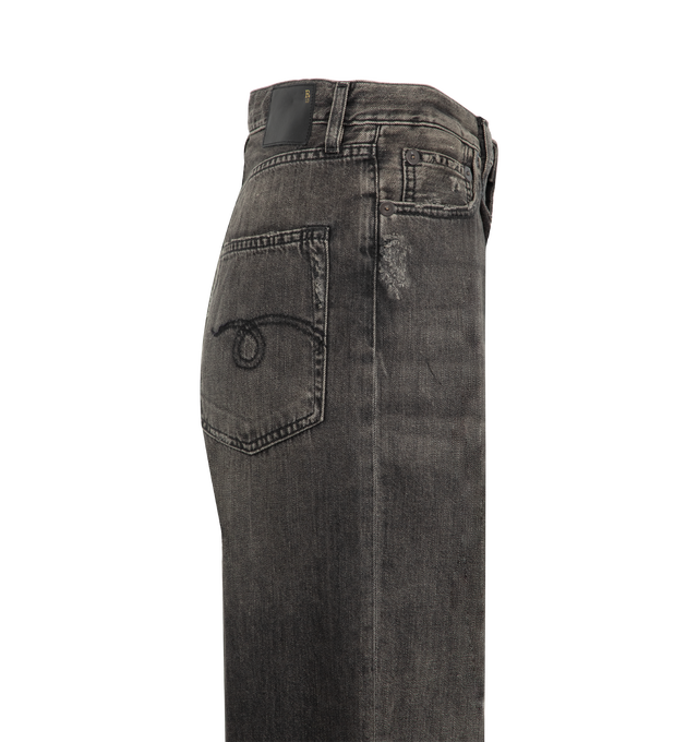 Image 3 of 3 - BLACK - R13 Damon Pleated Wide Leg Jean featuring zip fly with button closure, 5-pocket design, pleated fabric details at waist, whiskering along front and heavily faded and lightly distressed throughout. 100% cotton. Made in Italy.