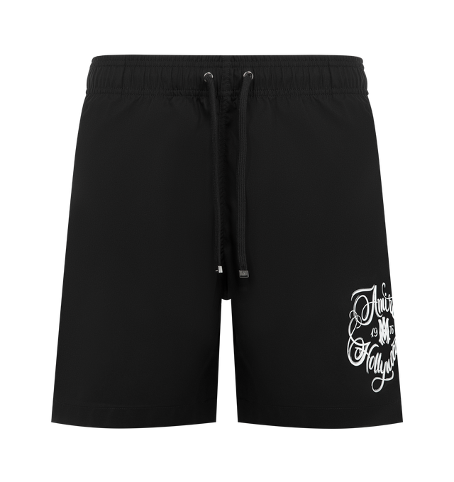Image 1 of 3 - BLACK - AMIRI Hollywood Swim Shorts featuring polyester taffeta swim shorts, drawstring at elasticized waistband, three-pocket styling, logo graphic bonded at front, rubberized logo patch at back waistband and partial mesh lining. 100% polyester.