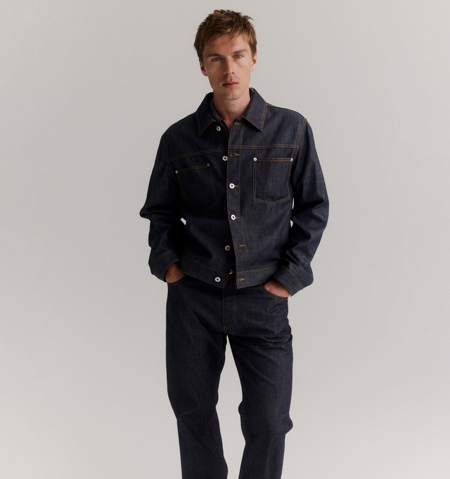 Image 2 of 3 - BLUE - BOTTEGA VENETA Denim Jacket featuring button front closure, classic collar, buttoned cuffs, contrast stitching and two front patch pockets. 100% cotton.