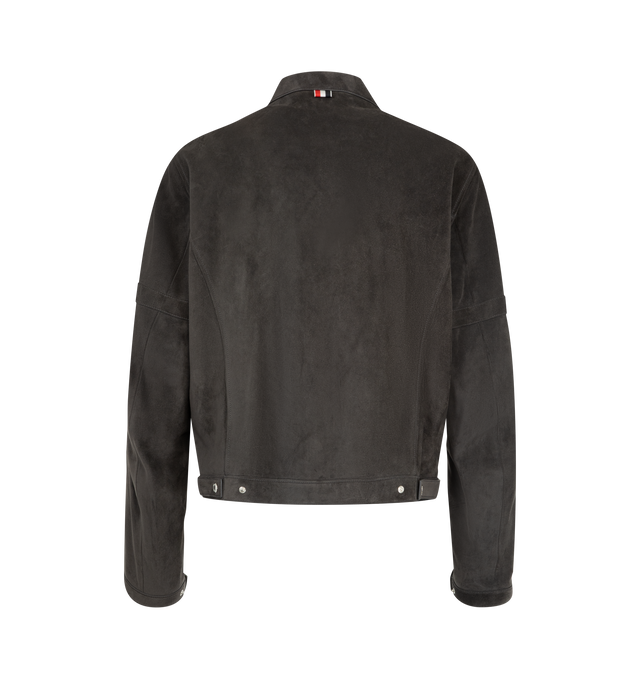 Image 2 of 3 - GREY - Thom Browne Men's Leather Racer Jacket is crafted from calf leather and reimagines the classic racer silhouette through clean lines and refined detailing. Designed with a hidden two-way zip closure, the jacket features a stand collar with a snap-fastening tab, concealed zip hand pockets, an internal pocket, and self snap-fastening armbands that reference the brands signature codes. Zip sleeve vents with snap-tab cuffs, side adjusters, detachable internal backpack straps, and a signatur